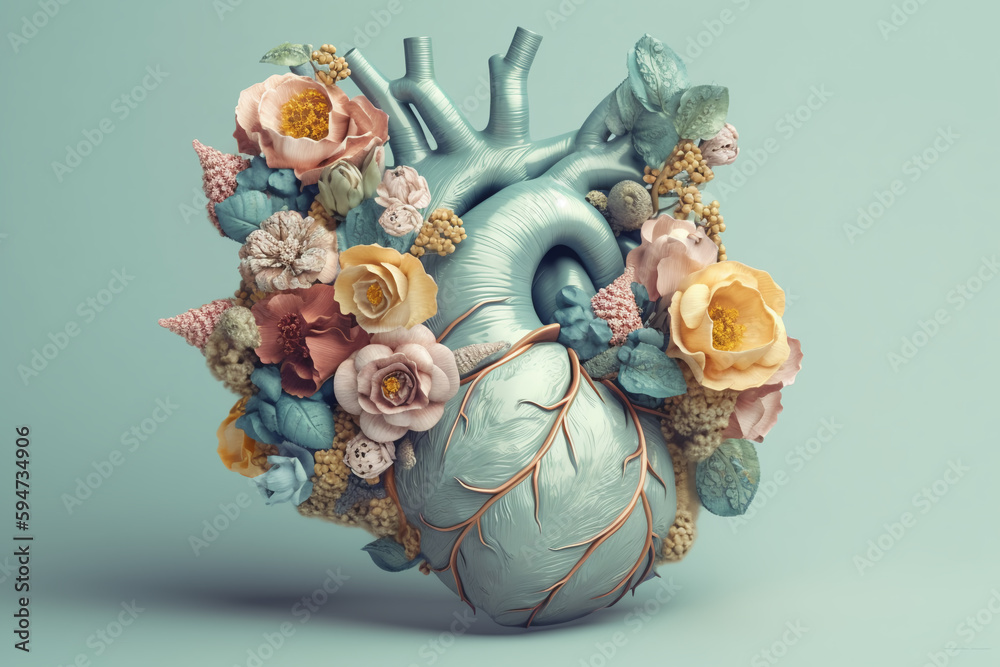 Human heart with flowers, love and emotion concept, good hearted person, help and charity, generative AI - obrazy, fototapety, plakaty 
