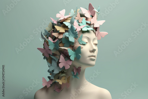 Human brain with flowers and butterflies, self care and mental health concept, positive thinking, creative mind, generative AI