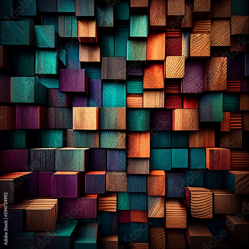 Aged colored wood blocks art texture abstract stack on the wall for background, colorful wood texture for backdrop (ID: 594734992)