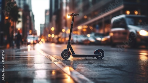 E-bikes, scooters safety. Riding e-scooter in urban environment close up. AI generated