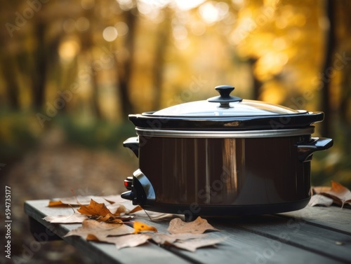A crock pot sitting on top of a wooden table. AI generative image.