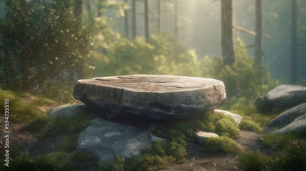 Flat small stone podium on rock platform. Product presentation mockup, mountains landscape. AI generated Flat small stone podium on rock platform. Product presentation mockup, mountains landscape. AI generated