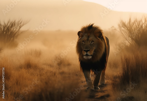 male lion of african jungle and savannah landscape as wondrous concept of the natural adventure and majestic wildlife animal in savanna. Generative AI.