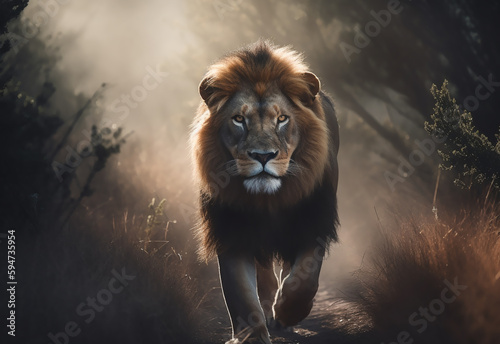 male lion of african jungle and savannah landscape as wondrous concept of the natural adventure and majestic wildlife animal in savanna. Generative AI.