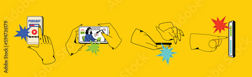 Concept of news, watching video online, podcast, talk show, tv application, live streaming. Hand holding smartphone with man with microphone on screen. Vector illustration in flat style