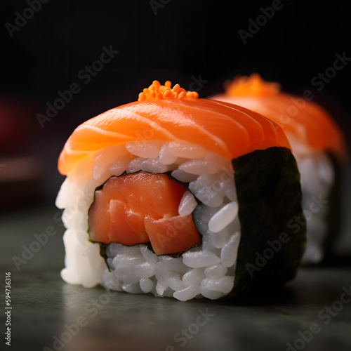 closeup of a sake sushi roll with tabiko, clean background photo