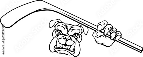 A bulldog ice hockey player animal sports mascot holding a hockey stick