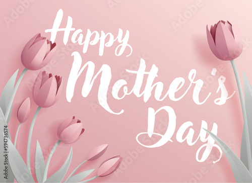 Happy Mothers Day paper craft or paper cut origami style floral tulip flowers design. With pink tulips background corner frame design elements.