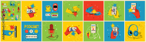 Concept of news, watching video online, podcast, talk show, tv application, live streaming. Hand holding smartphone with man with microphone on screen. Vector illustration in flat style