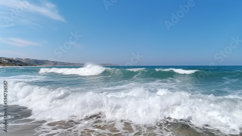 Beautiful panoramic seascape with surf waves against a blue sunny sky with clouds.