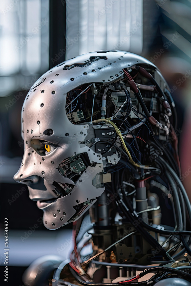 Generative AI illustration of futuristic silver robot with shiny yellow eyes and many wires in head in modern technology museum Generative AI illustration of futuristic silver robot with shiny yellow eyes and many wires in head in modern technology museum