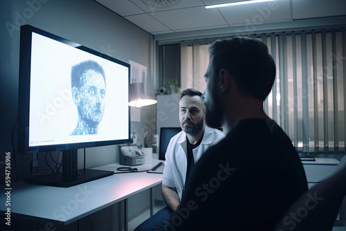 Generative AI illustration of focused male specialists sitting in front of computer monitor with graphic image of person head while discussing problem during meeting in contemporary hospital photo
