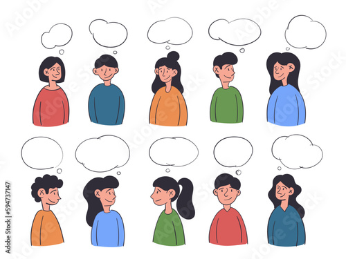 Social media, communication and message concept. Set of characters with empty speech bubbles. Male and female people making announcement, talking. Hand drawn doodle isolated vector illustration.