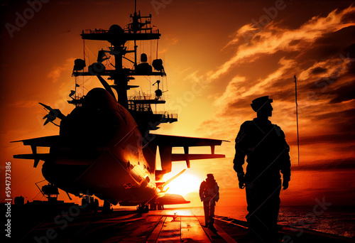 Silhouette of military pilots near the planes on the deck of an aircraft carrier ship. Silhouette in the rays of the setting sun. AI generated. photo