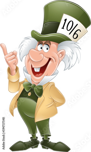Madhatter from Wonderland with green hat on his head pointing with his finger