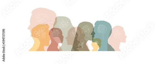 Banner background of human profile silhouette. Colorful up hands. Vector illustration	