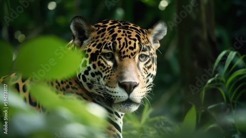 Jaguar in a cinematic tropical forest background with beautiful colors generative ai