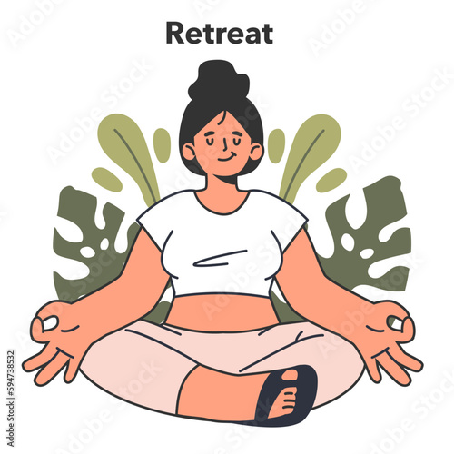 Retreat. Female character doing yoga exercise outside. Modern practice