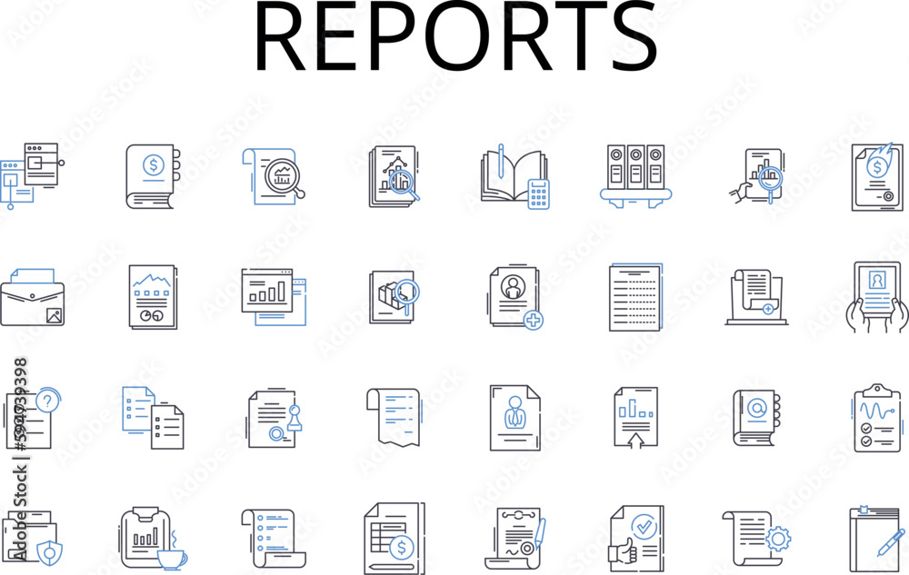 Reports line icons collection. Records, Files, Documents, Accounts, Bulletins, Briefings, Announcements vector and linear illustration. Summaries,Notations,Memos outline signs set Reports line icons collection. Records, Files, Documents, Accounts, Bulletins, Briefings, Announcements vector and linear illustration. Summaries,Notations,Memos outline signs set