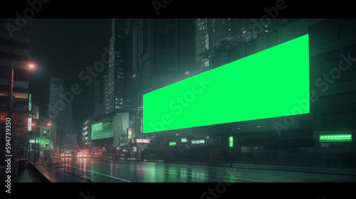 Billboard with a green screen in the futuristic cyberpunk city bilboard mockup