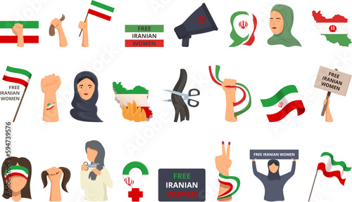 Iran protests icons set cartoon vector. Woman flag. People news