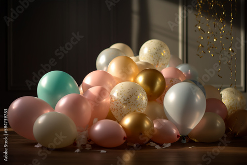 Holidays colorful celebration corner.background with balloons, confetti, sparkles, lights on room. Anniversary. Banner for birthday, party, Christmas, New Year. Generative Ai