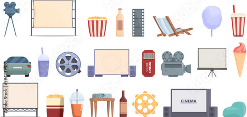 Summer cinema icons set cartoon vector. Open movie. Air parking