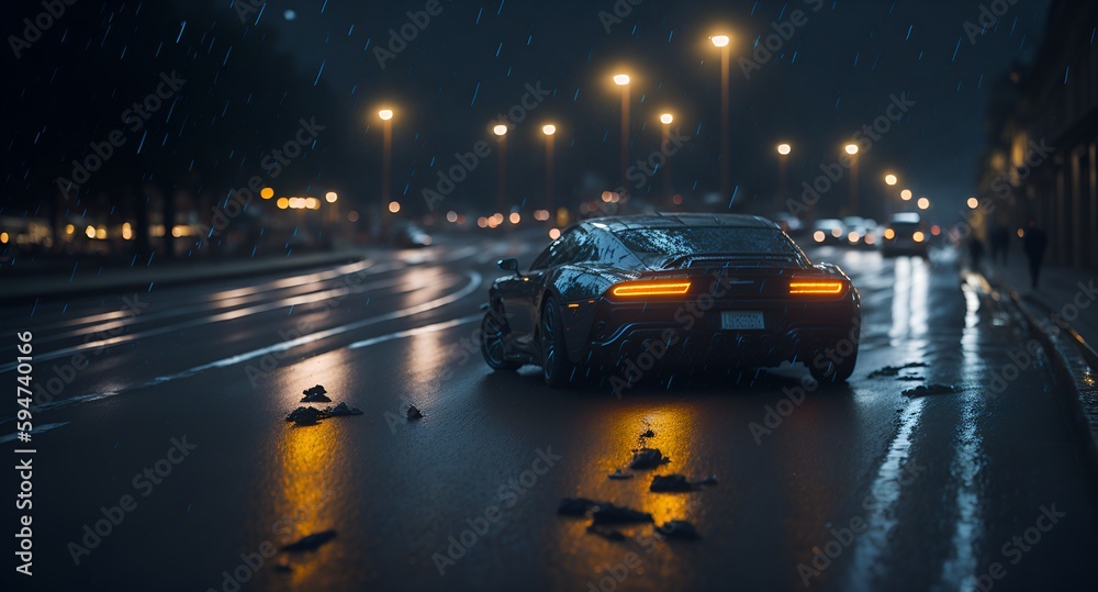 the car in the foreground is in focus, the background is blurred, rain is falling, wet asphalt. Cover for website, magazine with cars. An example for a car website.