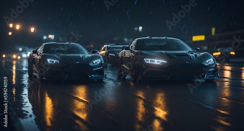 the car in the foreground is in focus, the background is blurred, rain is falling, wet asphalt. Cover for website, magazine with cars. An example for a car website.