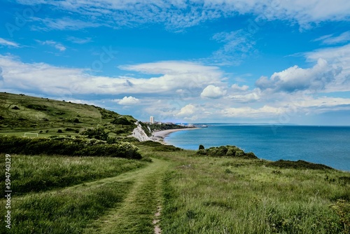 Idyllic pathway is seen winding through lush green grass on British coast