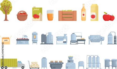 Apple Juice manufacture process icons set cartoon vector. Fruit drink. Farm apple