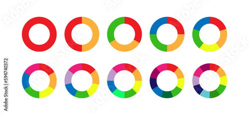 set of colored pie charts for 1,2,3,4,5,6,7,8,9,10 steps or sections to illustrate a business plan, infographic, reporting.