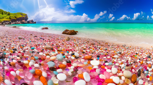 polished textured sea glass and stones on the seashore. Azure transparent sea water with waves. Pink  blue shiny glass with multi-colored sea pebbles close-up.