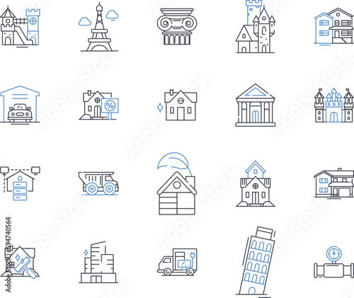 Cottage line icons collection. Quaint, Cozy, Rustic, Charming, Serene, Secluded, Romantic vector and linear illustration. Vintage,Peaceful,Historic outline signs set