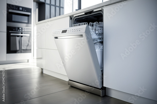 Minimalist white kitchen with open dishwasher. Generative AI.