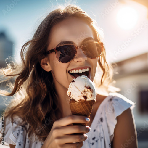 Junge Frau isst ein Eis in der Sonne - Generative AI