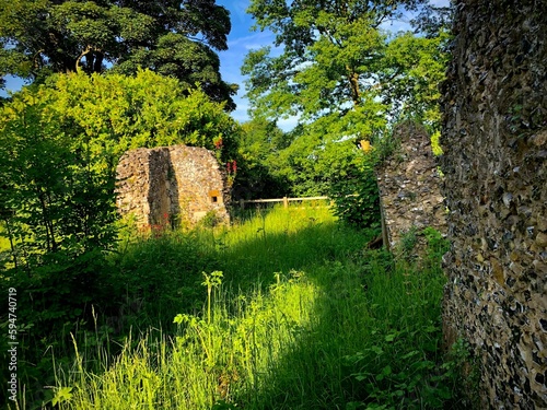 Idyllic landscape of a garden that has overgrown an English old church walls over the years
