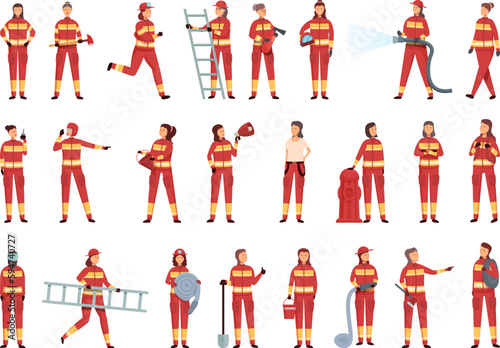 Woman firefighter icons set cartoon vector. Work girl. Person rescue