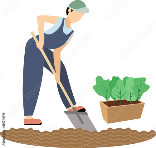 Planting and gardening. A woman is digging the ground for planting plants in the garden.