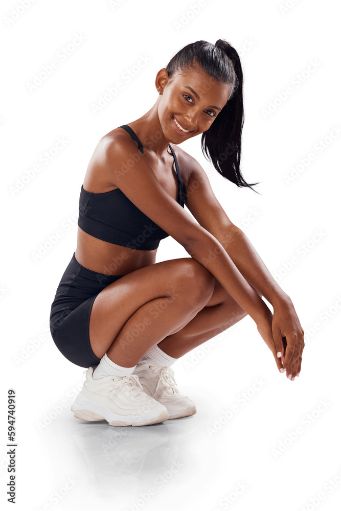 Fotografia do Stock: Happy woman, fitness and portrait smile sitting in  sportswear isolated on a transparent PNG background. Stylish, fit and young  trendy female athlete model relaxing on break in sports style