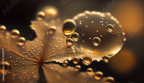 Beautiful water drops sparkle on plant, macro. Big droplet of morning dew outdoor, beautiful round bokeh. golden light, generative ai