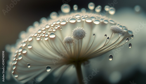 Beautiful water drops sparkle on dandelion, macro. Big droplet of morning dew outdoor, beautiful round bokeh. green light, generative ai