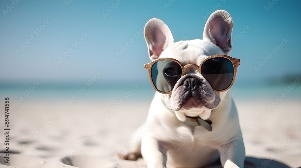 French bulldog wearing sunglasses on paradise beach with white sand. AI generative