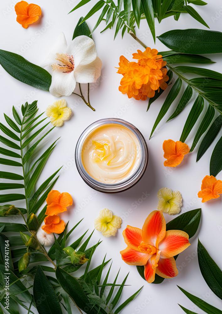 Skincare, beauty, cosmetic and  healthcare products made of flowers and plants. Skin cream, oil and body lotion. Flat lay, top view. Ai Generative