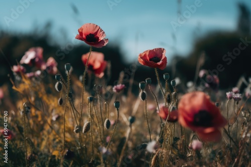 Photo of wild poppies in a field on a sunny day