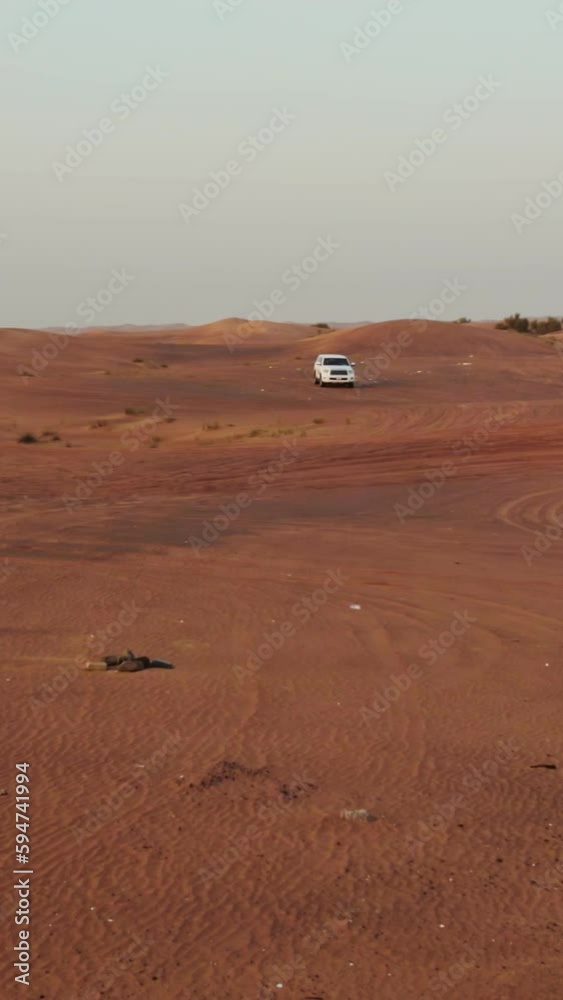 Cars drive off-road on the sand dunes of the desert, drone video Cars drive off-road on the sand dunes of the desert, drone video