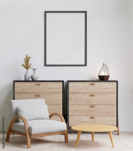 3D rendering minimal style living room with wooden floor ,white wall,big window,big couch,carpet,wooden cabinet,frame for mockup © Thanet
