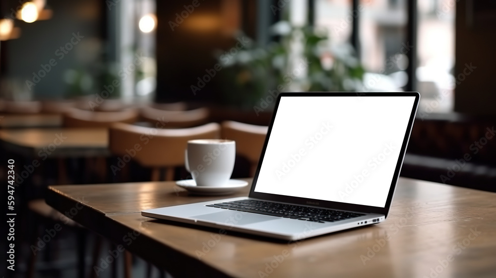 Laptop computer mock-up with cut out screen on background of coffee shop. Based on Generative AI Laptop computer mock-up with cut out screen on background of coffee shop. Based on Generative AI