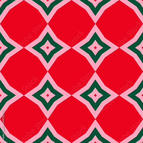 Vector ornamental geometric seamless pattern. Simple texture with diamond shapes, floral silhouettes, repeat tiles. Abstract geo ornament in retro style. Background in green, red and pink color