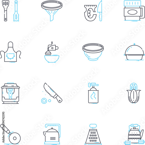 Galley linear icons set. Kitchen, Cooking, Food, Boats, Ship, Nautical, Cruise line vector and concept signs. Restaurant,Menu,Prep outline illustrations